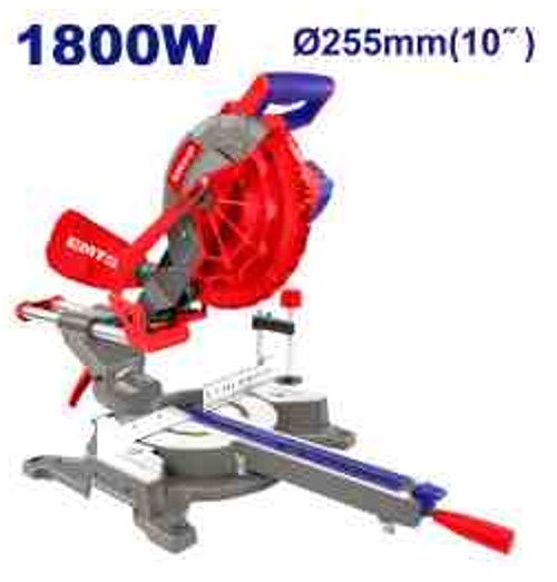 1800W Dual Sliding 255mm Mitre Saw 5200rpm 89x320mm Max Capacity 0-45° Mitre and Bevel with TCT Blade Dust Bag Extensions Carbon Brushes